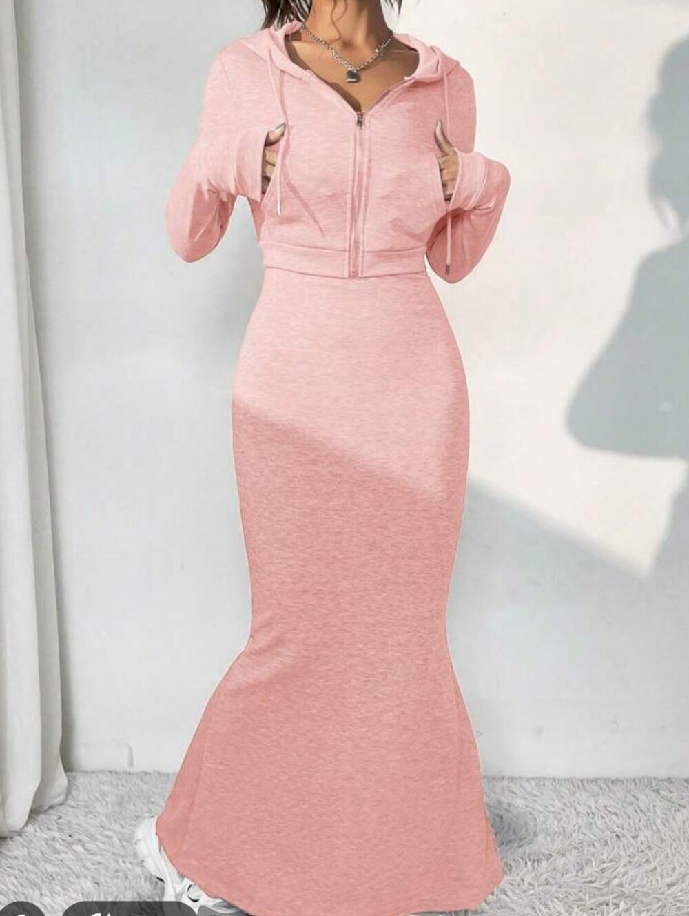 Women's Pink Hooded Casual Zip-Front Bodycon Maxi Dress For Fall Medium
